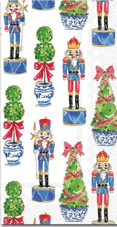 the nutcrackers are decorated in blue and green pots with trees on them