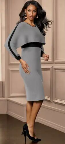 Top Rated Size 3X PLUS Midnight Velvet Winter Gray Black Formal Cintia Cape Sweater Dress, Sweaters Dresses Gray Fitted Dress With Crew Neck, Gray Fitted Crew Neck Dress, Elegant Crew Neck Mini Dress For Party, Fall Party Dress With Crew Neck, Elegant Gray Stretch Midi Dress, Elegant Gray Bodycon Dress For Fall, Cape Sweater, Dress Sweater, Black Formal