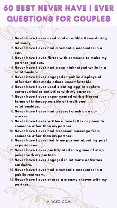 a poem with the words 50 best never have i ever questions for couples on it