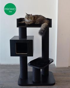 a cat laying on top of a black scratching tower next to a green sign that says prono