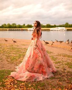 a woman in a long dress standing on the beach with geese behind her and looking up at the sky