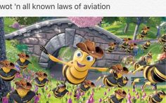 a cartoon character is surrounded by bees in front of a stone bridge and purple flowers