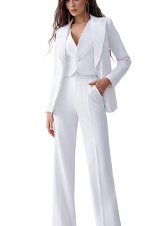 Three-piece pantsuit for women: straight leg pants with high rise, buttoned vest and lined blazer with satin lapel collar Please note suit measurements  Pants length inseam is 35.4 inches or 90 cm Pants length from waist 44 inches or 112 cm Sleeve length 24.4 inches or 62 cm Blazer length along the back 25 1/2 inches or 65 cm Vest length along the back 17.7 inches or 45 cm Our Women's Blazer Trouser Suit for office, business meetings, formal events and special occasions. Always trendy, classic a Elegant Tailored Suits With Pockets, Elegant Career Suits With Pockets, Elegant Suit With Notch Lapel And Pockets, Elegant Suits With Notch Lapel And Pockets, Elegant Spring Career Pants, Elegant Business Casual Pantsuit With Hidden Button Closure, Elegant Notch Lapel Pantsuit For Spring, Elegant Workwear Suits With Pockets, Chic Spring Suits For Career