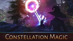 an image of a wizard holding a wand in front of a firework with the words constellation magic written on it