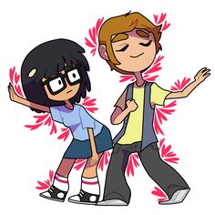 an image of two people that are in the middle of a cartoon character with red leaves around them