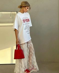 Sheer White Skirt Outfit, Long White Lace Skirt Outfit, Lace Skirt Aesthetic, Red Lace Skirt Outfit, Long Lace Skirt Outfit, Long White Skirt Outfit Summer, Lace Maxi Skirt Outfit, Lace Skirt Outfit Ideas, New York Fashion Summer