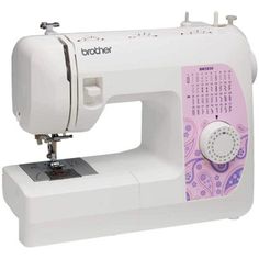 the sewing machine is white and has purple designs on it's front panels