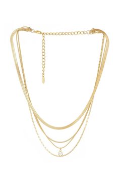 An easy choice that is pre-layered for you. One necklace that looks like 4 pieces layered featuring multi styled chains. 18kt gold plated Cubic Zirconia 16" chains plus 5" extender Cheap Gold Plated Layered Necklace, Triple Gold Necklace, Luxury Delicate Chain Jewelry For Layering, Cheap Gold Metal Necklace, Multi Layered Gold Necklace Dubai, Layered Necklaces Gold Nordstrom, Cheap Alloy Layered Necklace, Cheap Gold Chain Necklace, Cheap Trendy Alloy Layered Necklace