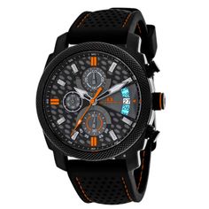 Stainless steel case, Rubber Strap, Black and gray dial, Quartz movement, Scratch resistant mineral, Water resistant up to 5 ATM - 50 meters - 165 feet //  OC2323 Men's Watch Accessories, Best Watch Brands, Orange Accents, Mineral Water, Cleaning Accessories, Black And Gray, Minerals Crystals, Casio Watch, Black Rubber