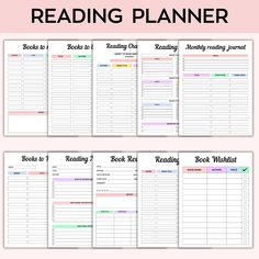 the printable reading planner is shown in three different colors and sizes, including books to read