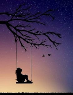 the silhouette of a person sitting on a swing under a tree with birds flying overhead