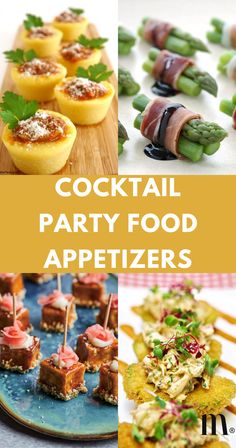 cocktail party food appetizers with text overlay