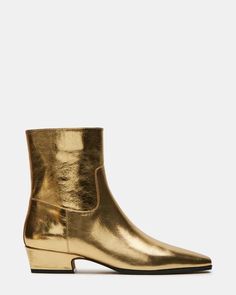 DUSTY Gold Leather Ankle Bootie | Women's Booties – Steve Madden Gold Boots Outfit, Black Boots Outfit, Fall Winter Shoes, Gold Boots, Women's Booties, Booties Ankle Boots, Leather Wear, Boots Ankle, Ankle Bootie