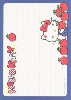 an image of hello kitty with apples on her head and the word hello kitty written in japanese