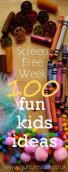 the words screen free week are surrounded by colorful crayons and other items on a table