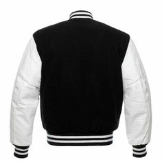 Black Wool White Leather Sleeves Varsity Baseball Jacket - Battlestar Clothing & Gears Co Nba Jacket, Leather Sleeve Jacket, Varsity Letterman Jackets, Letterman Jackets, Baseball Varsity Jacket, Leather Sleeves, Letterman Jacket, Vintage Leather Jacket, Leather Sleeve