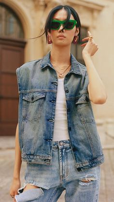 ASKK NY Denim Vest | Shopbop Slouchy Tee, Blue Denim Jacket, Denim Vest, Denim Shirt, Denim Wash, Gq, Stretch Denim, Fashion Designer, Timeless Fashion