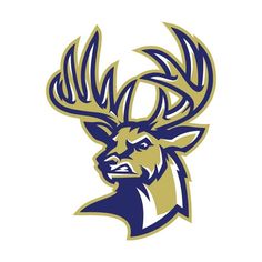 a deer head with antlers on it's face is shown in blue and gold