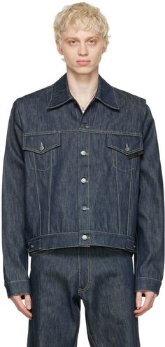 Non-stretch cotton-blend denim jacket. · Spread collar · Button closure at front · Flap pockets at chest · Welt pockets at waist · Single-button barrel cuffs · Adjustable button tab at back hem · Silver-tone hardware · Contrast stitching Supplier color: Indigo | Bianca Saunders Indigo Lexxus 22 Denim Jacket Bianca Saunders, Denim Man, Indigo Denim, Mens Denim, Welt Pockets, Luxury Streetwear, Flap Pocket, Welt Pocket, Stretch Cotton