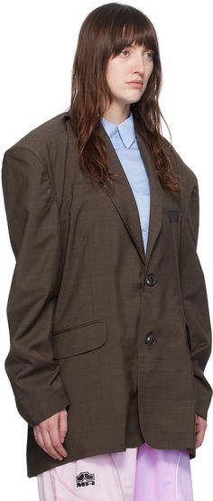 Wool canvas blazer. Houndstooth pattern throughout. · Notched lapel · Button closure · Welt pocket at chest · Flap pockets · Logo patch at front · Vented side seams · Padded shoulders · Welt pocket at interior · Full satin lining Supplier color: Brown houndstooth Brown Blazer With Patch Pockets For Office, Brown Office Blazer With Patch Pockets, Button-up Blazer With Patch Pockets For Work, Brown Workwear Blazer With Patch Pockets, Brown Blazer With Patch Pockets For Work, Martine Rose, Rosé Brown, Houndstooth Pattern, Flap Pocket