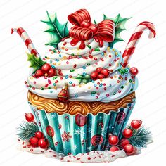 a cupcake with white frosting and candy canes on top, surrounded by holly berries