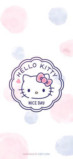 the hello kitty logo is shown on a white background with pink and blue circles around it