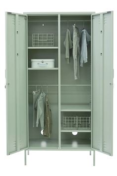 an open metal locker with clothes hanging on hooks