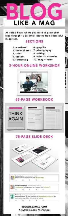 a poster with the words blog like a mag written in pink and black on it