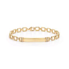 Versatile, contemporary designs pair diamonds and gold for easy, everyday wear. Our 18k yellow gold tag ID bracelet is luxe yet comfortable, with smooth, flat links and brilliant diamond accents. Add custom engraving to make it your personal signature. Gold Chain Men, Men Chain, Yellow Bracelet, Colored Stone Rings, Diamond Necklace Designs, Gold Chains For Men, Bangles Jewelry Designs, Chain Bracelets, Gold Chain Jewelry