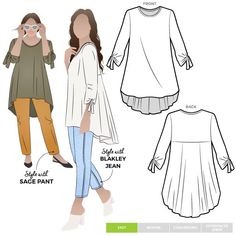 a woman's tunic top and pants sewing pattern with instructions for the front and back