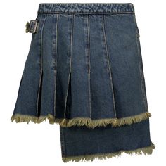 Introducing the Denim Pleated Skirt by Feng Chen Wang. This bold and edgy piece is inspired by punk fashion, with a belted waist and an asymmetrical pleated design. Made from quality denim, it's sure to make a statement wherever you go. Elevate your style with this unconventional skirt. Edgy Denim Skirt For Streetwear, Punk Style Denim Mini Skirt, Edgy Mini Denim Skirt With Belt Loops, Edgy Belted Spring Bottoms, Edgy Belted Bottoms For Spring, Edgy Denim Skirt With Belt Loops, Punk Style Bottoms With Belt For Spring, Edgy Denim Mini Skirt, Edgy Belted Mini Skirt