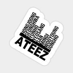 a white sticker with the words atez in black on it's side