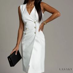 Lasaky - Chic Solid Color Sleeveless Mandarin Collar Double-Breasted Bodycon Dress Spring Sleeveless Office Bodycon Dress, Spring Sleeveless Bodycon Office Dress, Spring Sleeveless Bodycon Dress For Office, Sleeveless Buttoned Midi Office Dress, White Sleeveless Midi Dress For Office, Sheath Sleeveless Dress For Office In Summer, Summer Office Sheath Sleeveless Dress, Summer Office Sleeveless Sheath Dress, Summer Sheath Sleeveless Dress For Office