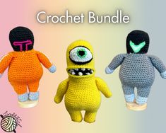 three crocheted stuffed toys with the words crochet bundle written below them