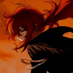 an anime character with red hair and black clothes, holding a rope in her hand