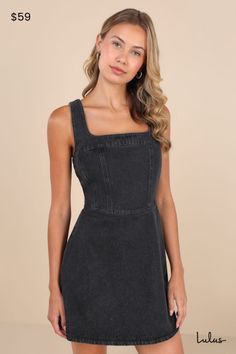 The Lulus So Delighted Washed Black Denim Corset Seam Mini Dress has us in a denim daze! This flirty dress is composed of cotton-blend denim that shapes a corset-inspired bodice and a square neckline, supported by wide tank straps. The fitted waist tops a figure-skimming mini skirt. Hidden back zipper/clasp. Fit: This garment fits true to size. Length: Mid-thigh. Size medium measures 26.13" from shoulder to hem. Bust: Great for any cup size. Waist: Fitted - very fitted at natural waist. Hip: Loo Black Jean Dress, Black Denim Corset, Black Denim Dress, Neutral Dresses, Casual Formal Dresses, Nashville Outfits, Black Mesh Top, Denim Quilt, Denim Corset