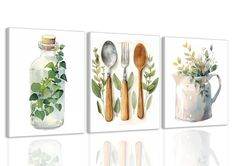 three paintings of kitchen utensils and plants in glass bottles on a white background