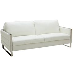 a white leather couch with chrome legs and arm rests on an isolated white background,