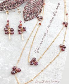 garnet stick earrings and necklace gold filled Elegant Wire Wrapped Lariat Jewelry, Elegant Wire Wrapped Long Necklace, Elegant Wire Wrapped Jewelry, Chocolate Jewelry, Stick Earrings, Gold Filled Necklace, Set Earrings, Earrings And Necklace, Gold Filled Earrings