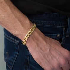 His look isn’t complete without this bold and stylish link bracelet. Created in 10K yellow gold, this sophisticated 10.3mm-wide mariner chain design adds depth and dimension to any attire. Polished to a bright shine, this 9.0-inch bracelet secures with a lobster claw clasp. Man Gold Bracelet Design, Mens Gold Jewelry, Mens Gold Bracelets, Link Chain Bracelet, Peoples Jewellers, Hand Bracelet, Bracelet Design, Chain Design, Gold Hands