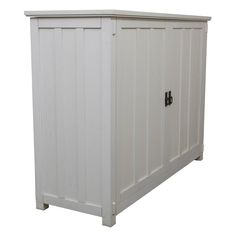 a white storage cabinet with black handles on the door and side panels, isolated against a white background