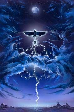 an image of a bird flying in the sky with lightning coming out of it's wings