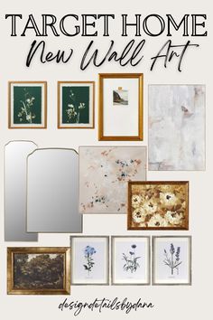 the cover of target home new wall art, featuring flowers and framed pictures with text overlay