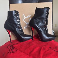 Brand New, Never Worn. Louboutin Black Leather Booties. Size 36.5. Fit More Like A 36. **Accepting Offers** Calf Leather High Heel Boots With Red Sole, Evening Leather Boots With Red Sole, Luxury Evening Boots With Red Sole, Party Boots With Red Sole In Calf Leather, Luxury Heeled Boots For Galas, Designer Platform Party Boots, Luxury Heeled Boots With Red Sole And Round Toe, Designer Platform Boots For Party, Designer Party Platform Boots