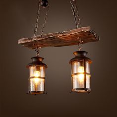 two lights hanging from a wooden beam