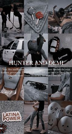 a collage of photos with the words hunter andlemp on it, including two people