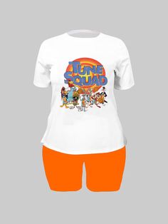 Cute Cartoon Print Tee Shirt Biker Shorts 2 Piece Set Sporty Summer Tops With Cartoon Print, Cotton Cartoon Print Short Top, Short Cotton Top With Cartoon Print, Short Cotton Tops With Cartoon Print, Casual Short Tops With Cartoon Print, Relaxed Fit Short Top For Streetwear, Casual Cartoon Print Shorts For Summer, Fitted Graphic Print Short Tops, Casual Summer Shorts With Cartoon Print