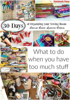 the cover of 30 days of organizing your sewing room, with pictures of various items