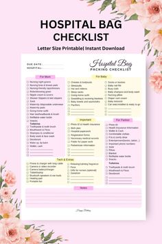 the hospital bag checklist with pink flowers