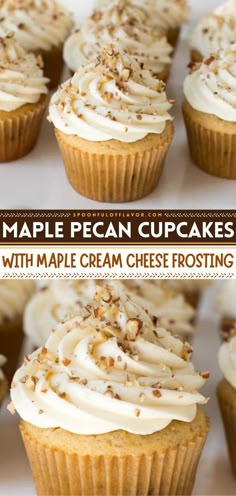 MAPLE PECAN CUPCAKES WITH MAPLE CREAM CHEESE FROSTING, thanksgiving desserts, thanksgiving sweet treats Christmas Cupcake Flavors, Fall Cupcakes Recipes, Maple Cupcakes, Pecan Cupcakes, Fall Baking Ideas, Easy Cupcake Recipe, Simple Air Fryer Recipes, Maple Desserts, Homemade Cupcake Recipes